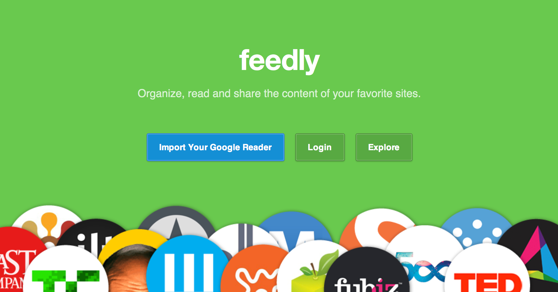 Sitio web de Feedly "Organiza, lee y comparte el contenido de tus sitios favoritos" 