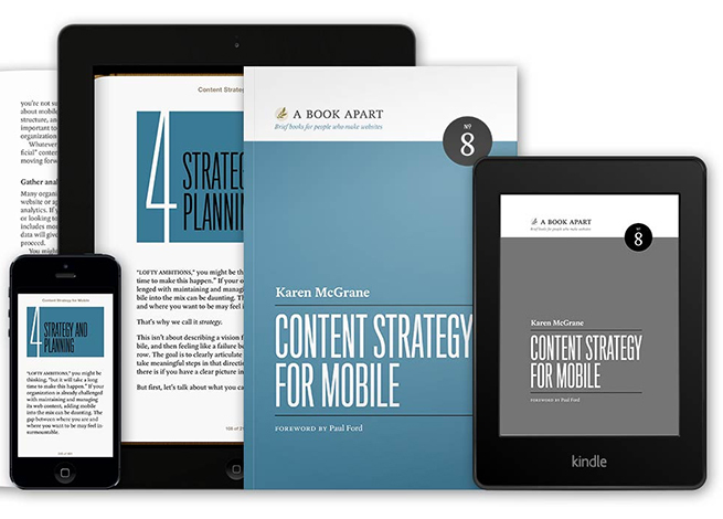 Portada del libro Content Strategy for Mobile en distintas plataformas