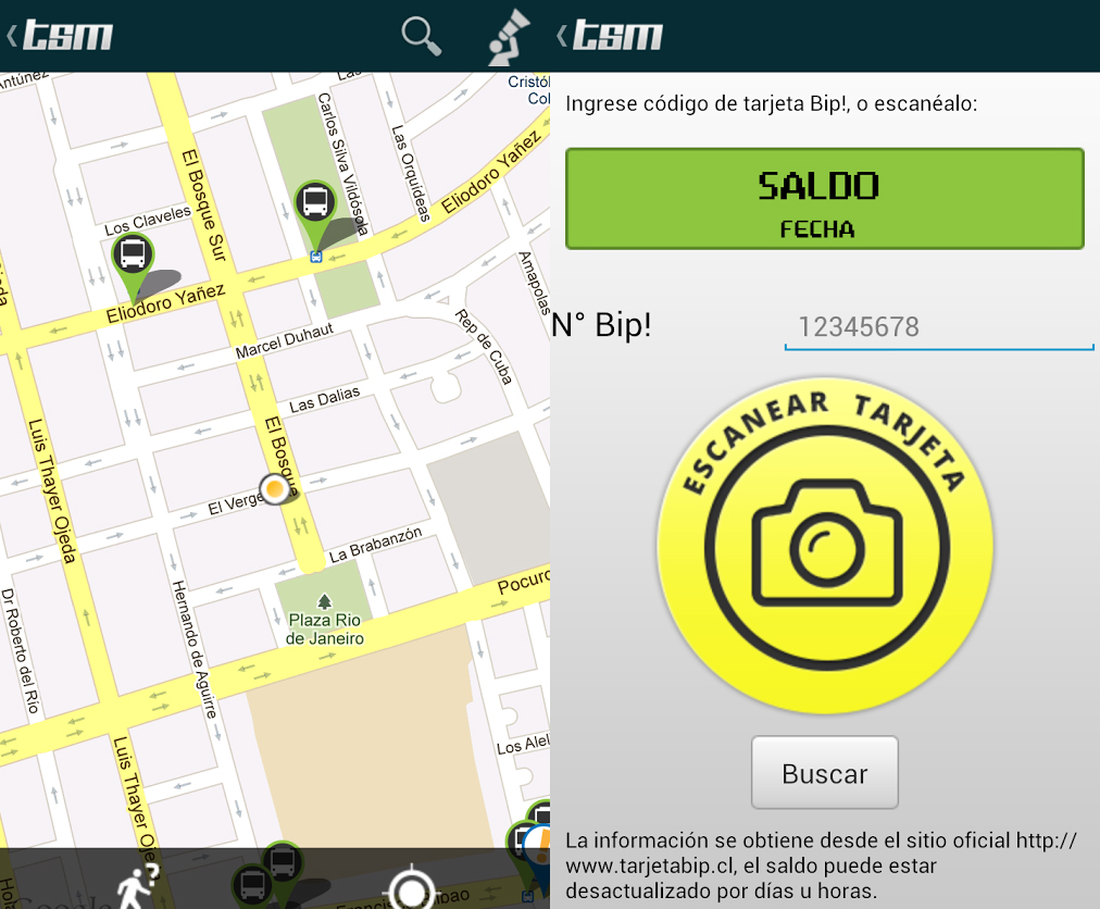 Captura de pantalla de la aplicación Transantiago Master