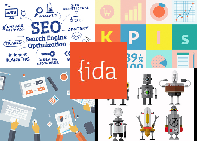 Logo de ida con ilustraciones bots, kpis, seo