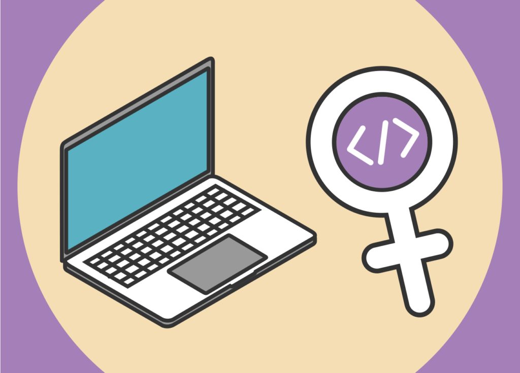 Computador, signo femenino y símbolos de programación.