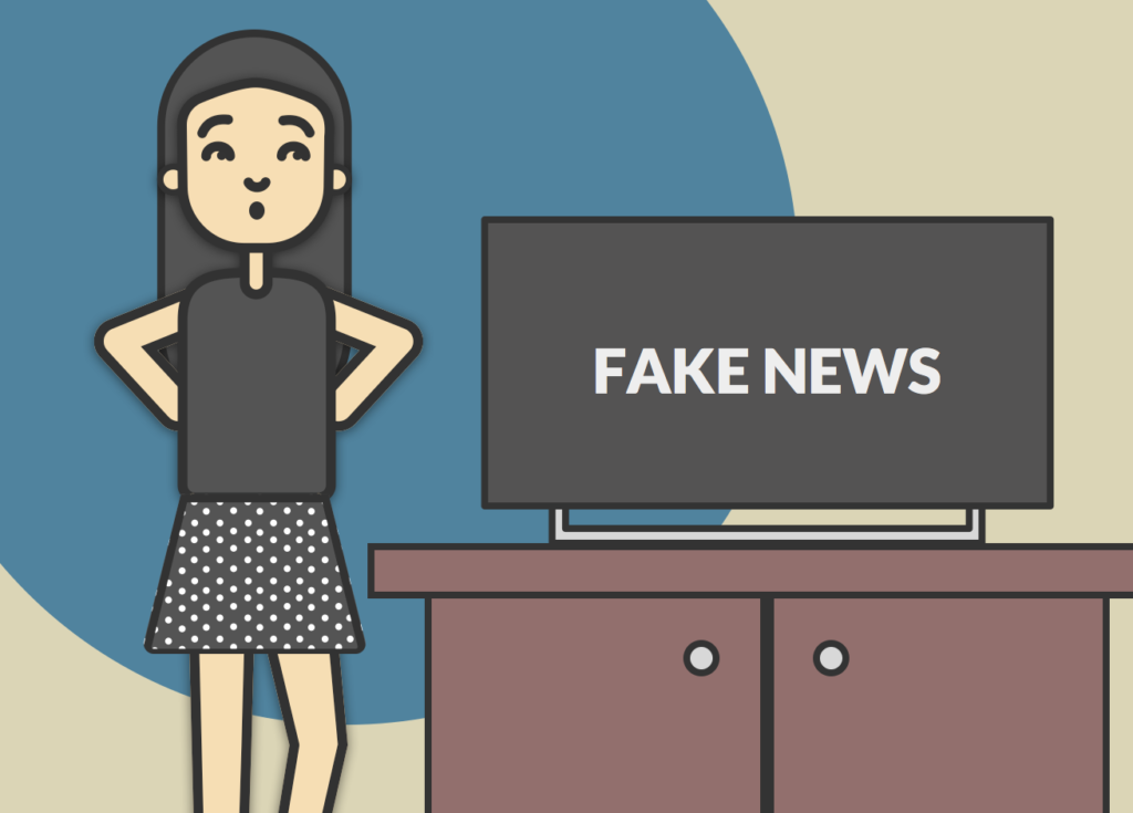Una mujer mira soprendida un televisor que dice en su pantalla "Fake News".