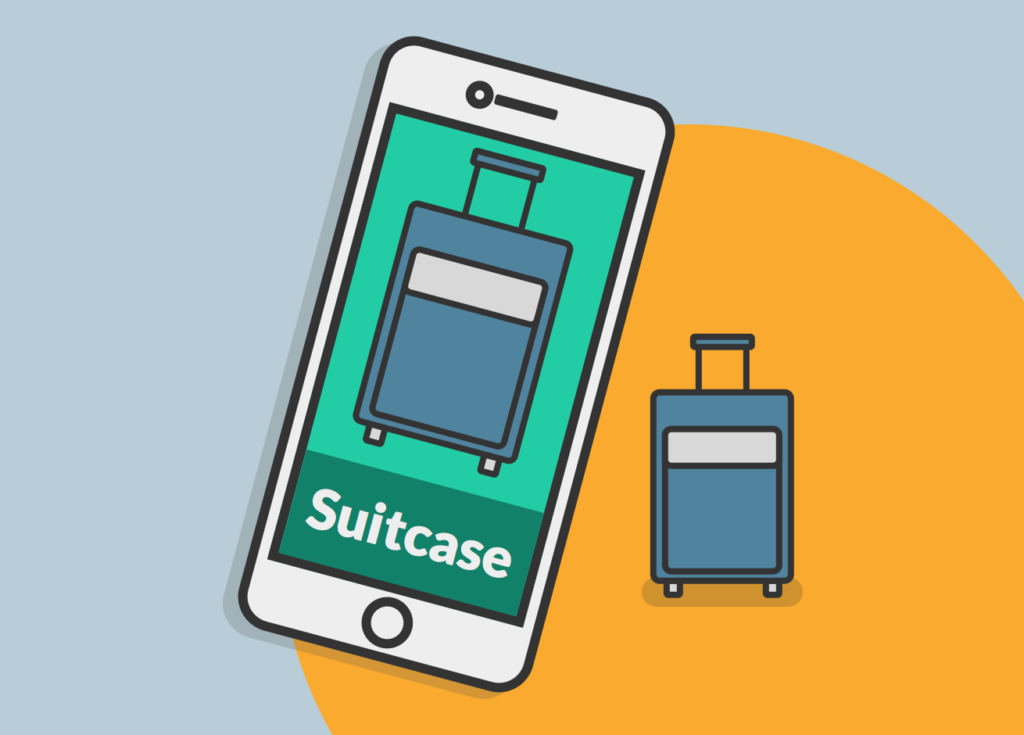 Una maleta y un celular en el que se muestra el nombre de la maleta en otro idioma.