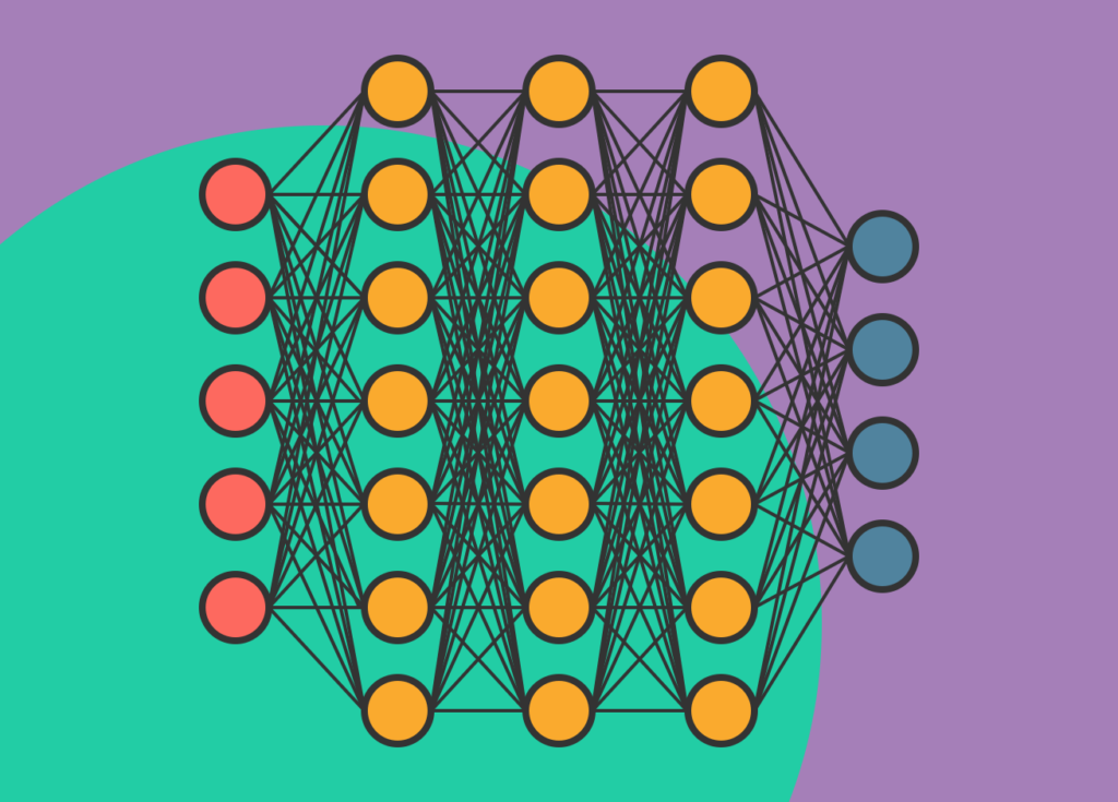Red neuronal, representada con diferentes colores. Representando las redes del Deep Learning.