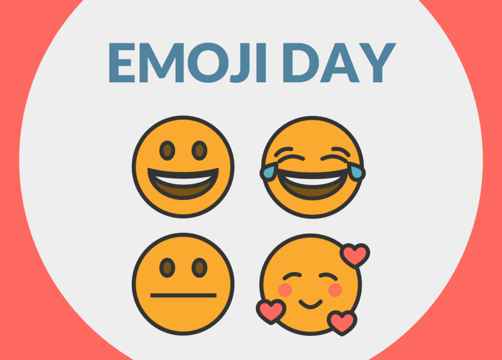 Emoji de sonrisa, seriedad y felicidad, bajo el lema "Emoji Day".