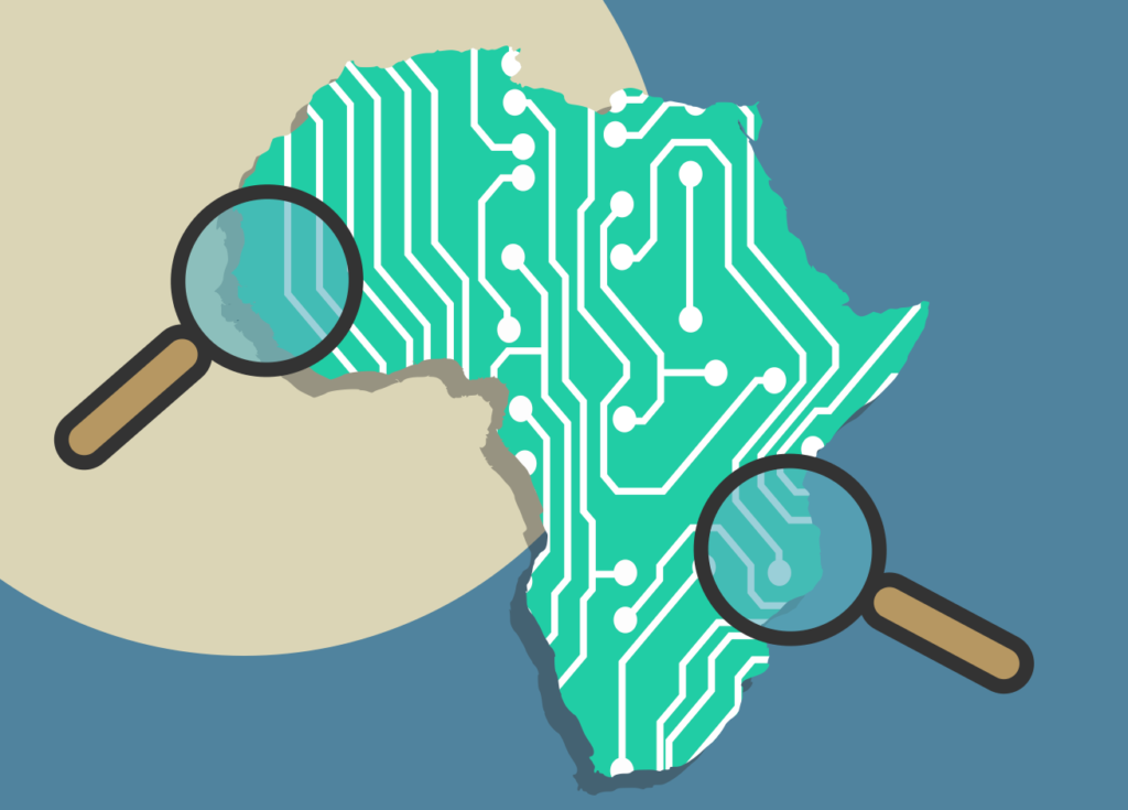 África presentado como una tarjeta de circuitos y lupas buscando sobre ella.