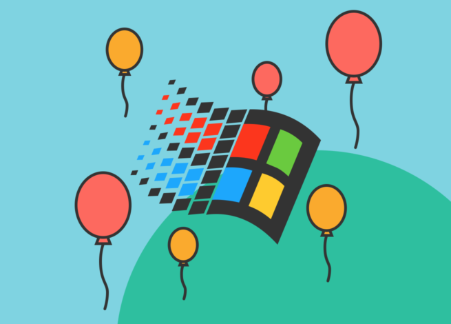 Icono de Windows 95 con globos a su alrededor.