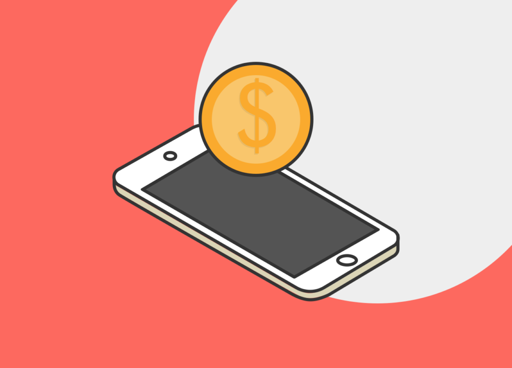 Una moneda sobre un smartphone, simula el funcionamiento de google Pay en dispositivos digitales.