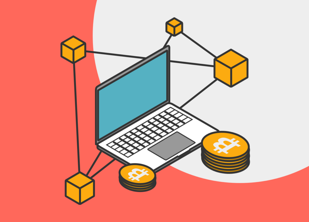 Un computador con redes y bitcoin representa el funcionamiento del Blockchain en el Blog IDA.