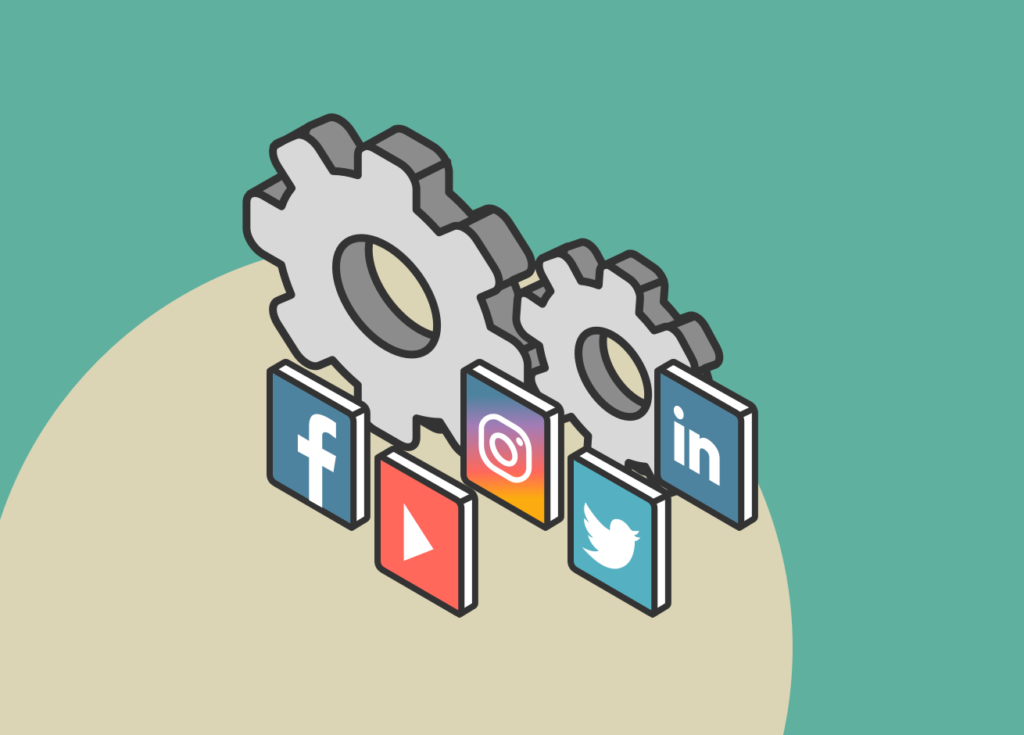 Dos engranajes entre los íconos de las redes sociales Facebook, Instagram, Twitter y más, representan la importancia de las herramientas de gestión de redes sociales en IDA.