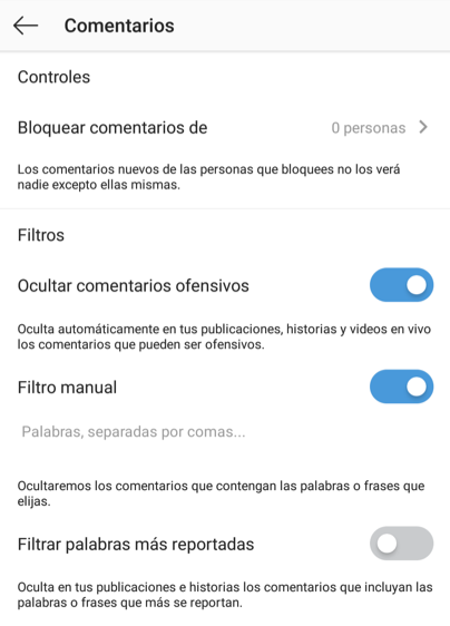 Configuración de comentarios para Instagram Live.