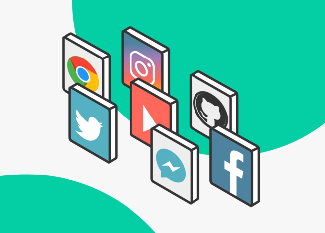 Iconos de diversas redes sociales y plataformas web con un diseño en 3D