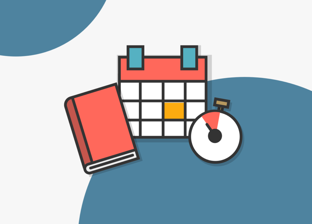 Una libreta, un calendario y un cronómetro, representan la organización a través de un calendario.