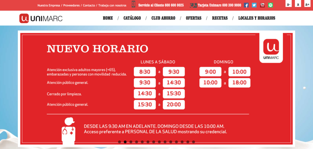 Banner principal del sitio web de Unimarc que muestra los nuevos horarios como primer contenido.