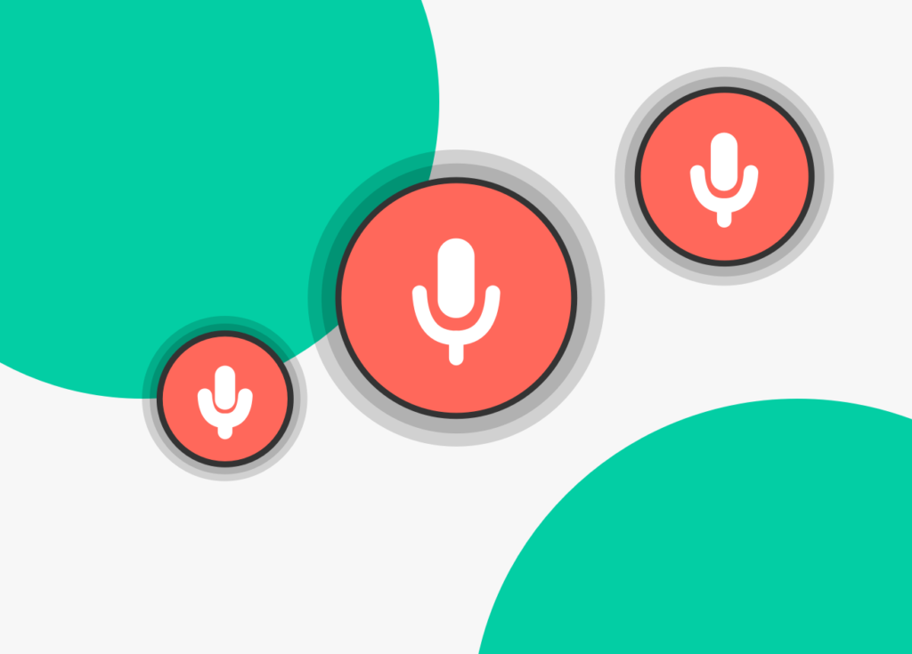 tres iconos de micrófonos que representan las interfaces de voz
