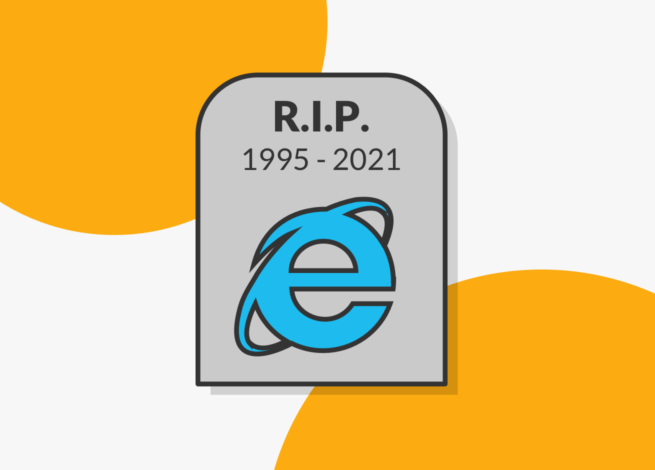Lápida que muestra la vida de Internet Explorer desde 1995 a 2021.