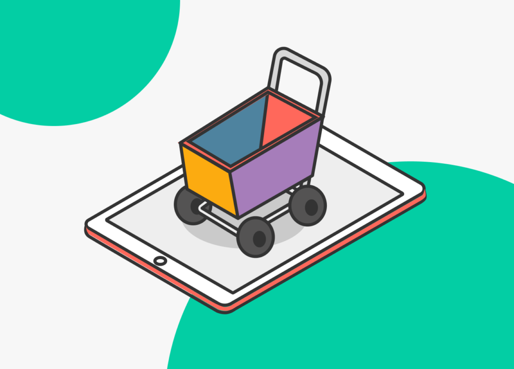Un carro de compras encima de una tablet, lo que refleja el comercio online en el marco del CyberDay 2020.
