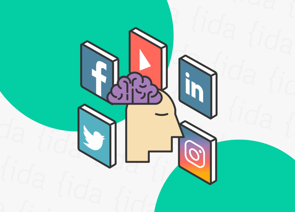 la cabeza y el cerebro de una persona rodeada de los íconos de redes sociales demuestran el estado de ánimo y los hábitos positivos que debemos seguir.