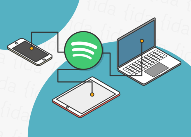 Logo Spotify que se une a tres dispositivos tecnológicos.