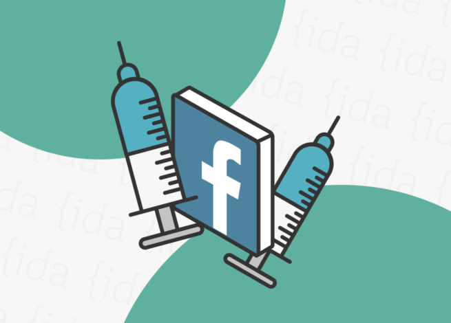 Logo de Facebook con dos jeringas a su alrededor que hacen referencia al proceso de vacunación en contra de la COVID-19.