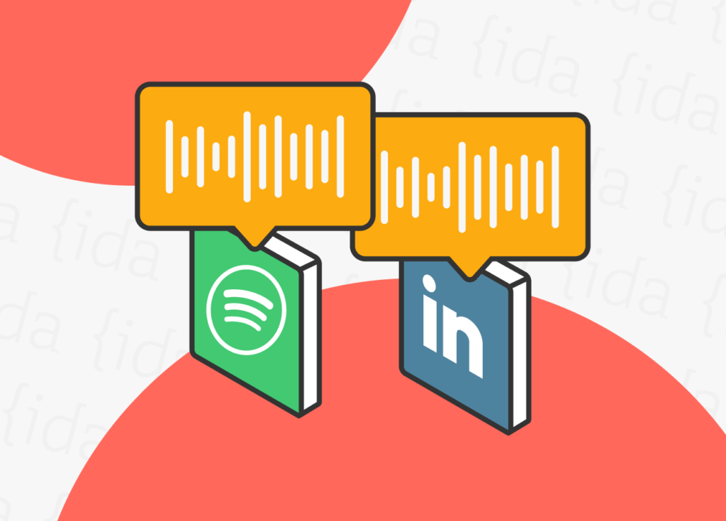 Logo de Spotify y LinkedIn con iconos de audio en la parte superior.