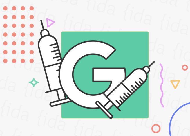Una "G" que hace referencia a Google con dos vacunas a su costado.