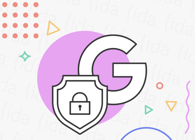 Logo de Google con un escudo que tiene un candando en su interior.